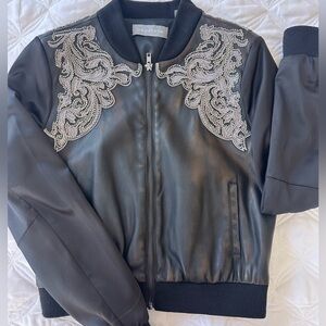 Bagatelle Black Embroidered Faux Leather Bomber Jacket Women’s Size XS